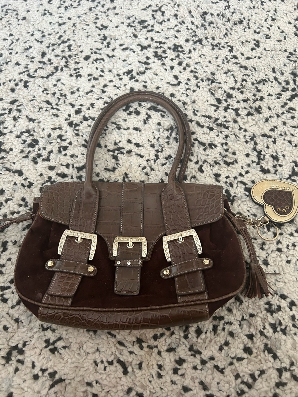 Kathy Van Zeeland Brown Croc‑Accent Suede Satchel with Buckles